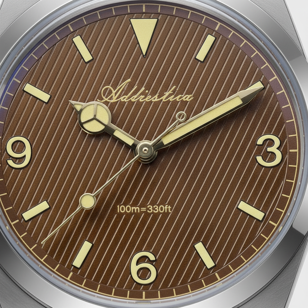 Watch face with brown dial, gold hands, and 'Adherents' brand name.