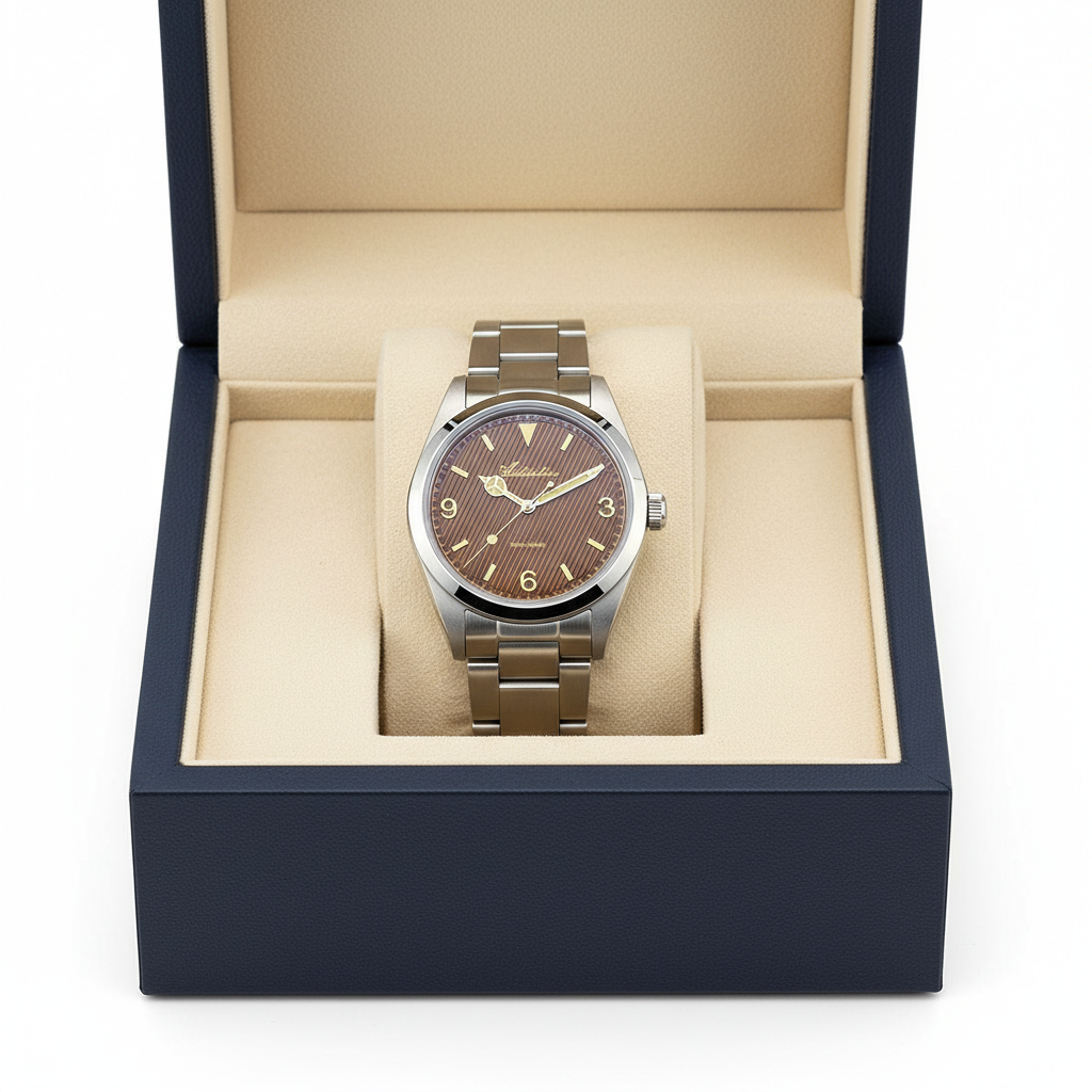 Watch in a blue and beige box on a white background
