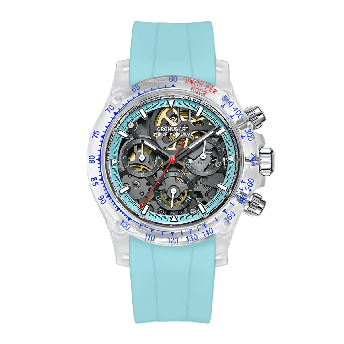 CRONUSART CM021-001 - Men's Automatic Mechanical Watch with a light blue strap and transparent case on a white background