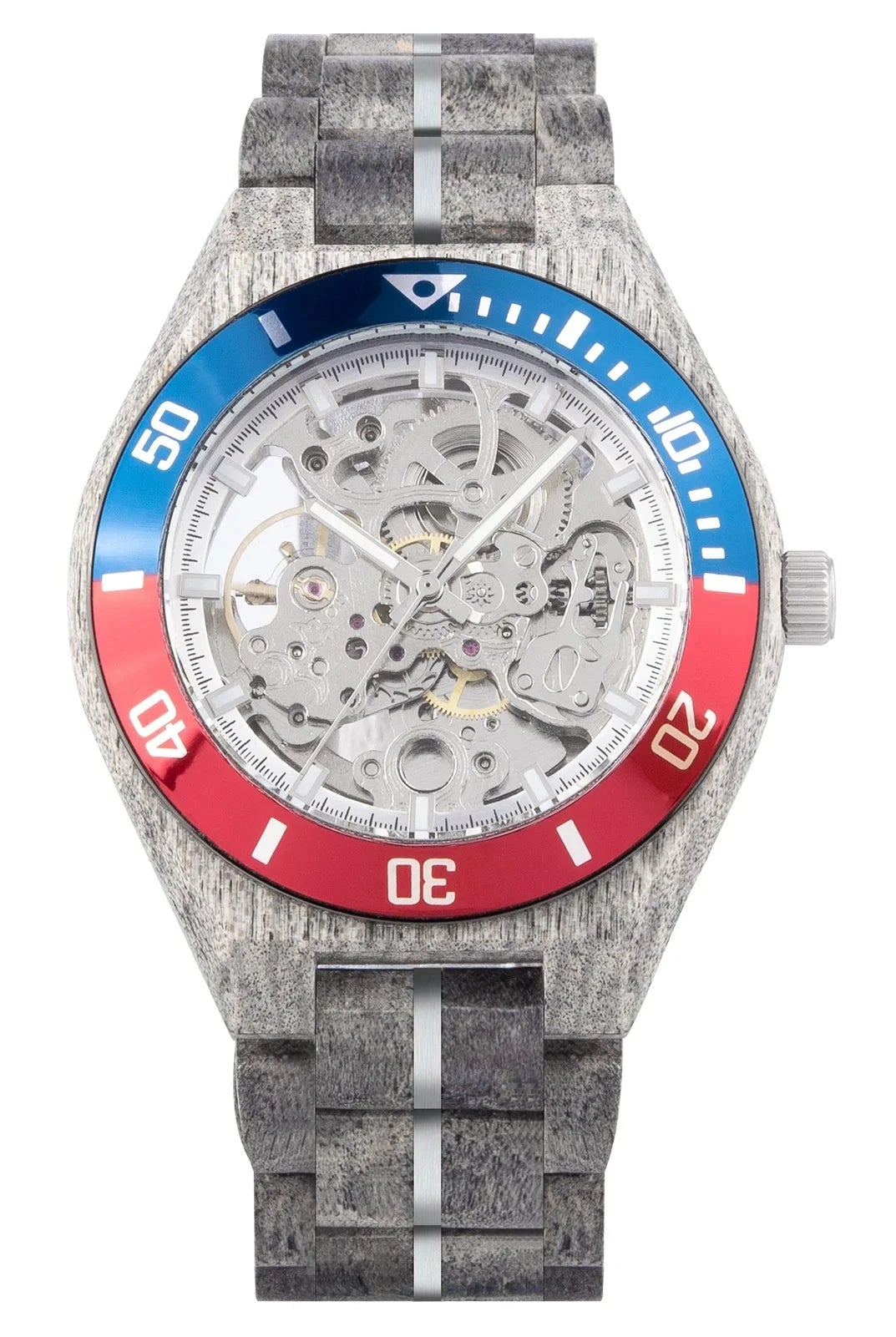 Watch with a red and blue bezel and gray strap on a white background, featuring the Bobo Bird brand.