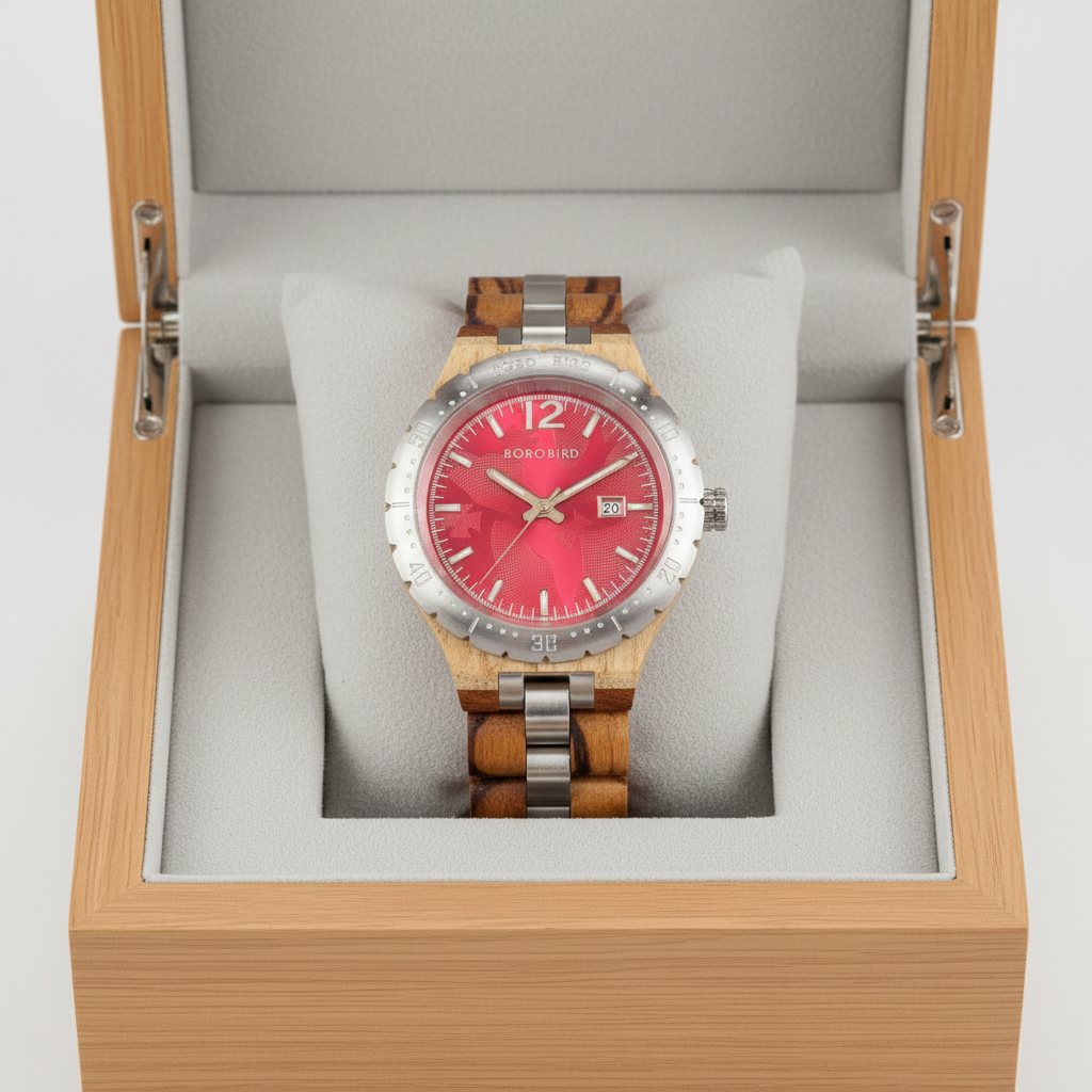 Watch with a red face and wooden strap in an open wooden box.