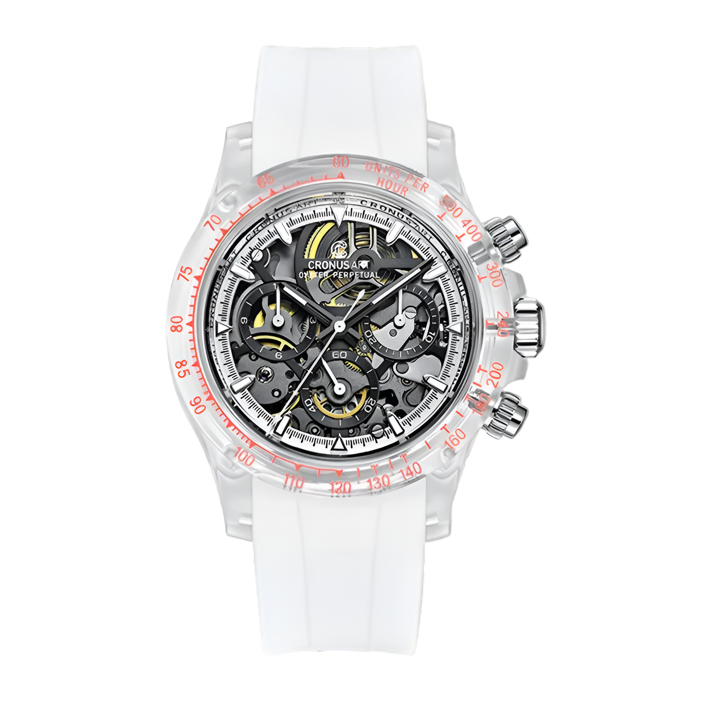 CRONUSART CM021-001 - Men's Automatic Mechanical Watch with a white strap and detailed face on a white background