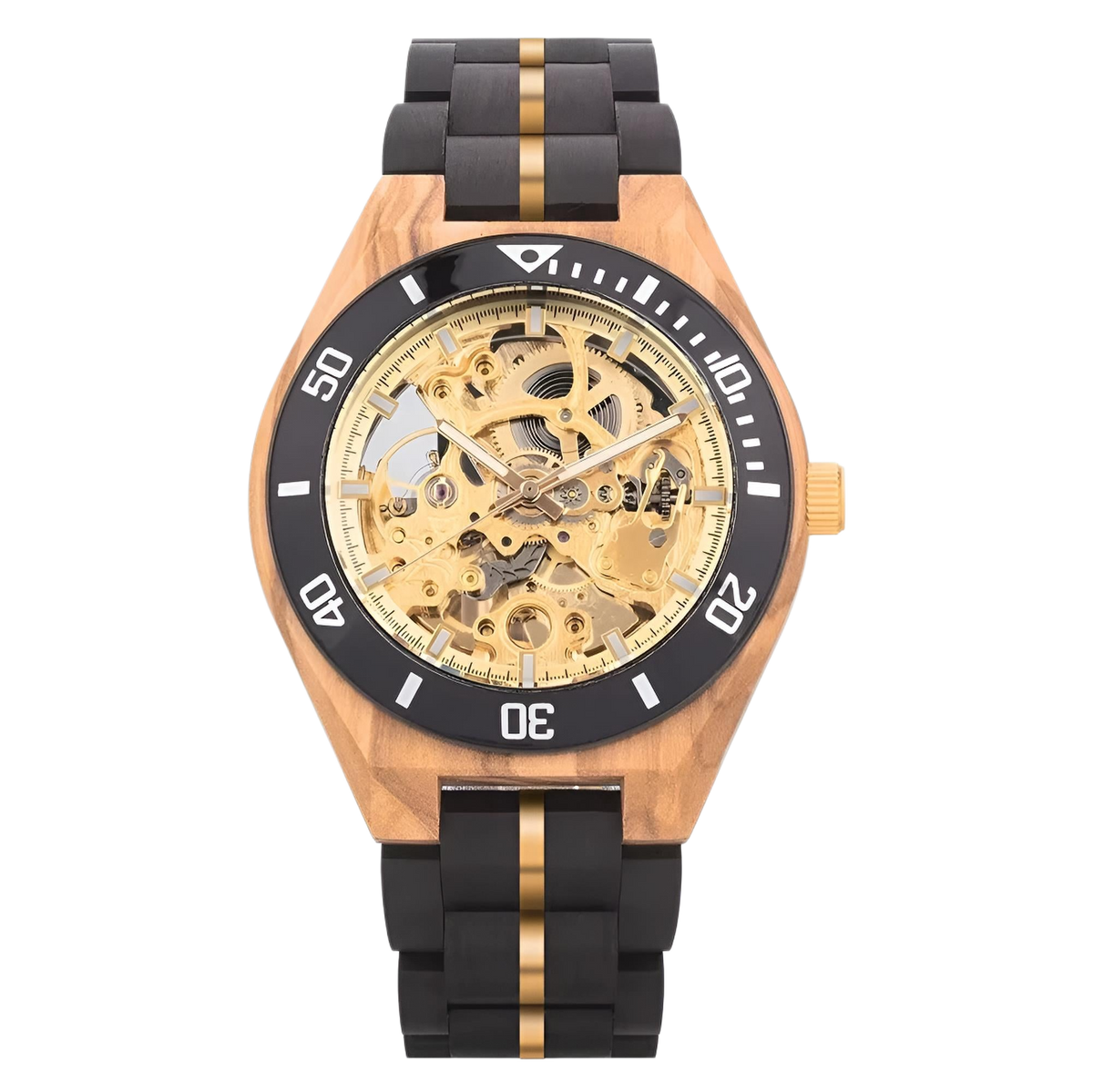 Watch with black and gold strap on a white background