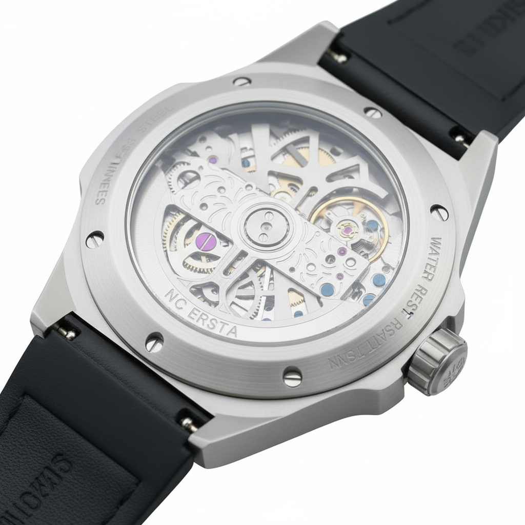 Watch with black strap and silver case on a white background