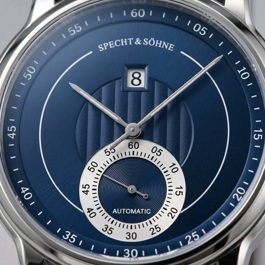 Watch with blue dial and silver accents, featuring the brand 'SPECHT & SÖHNE'.