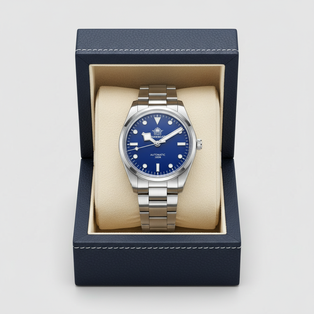 Watch with blue face and silver case in a blue box on a light gray background