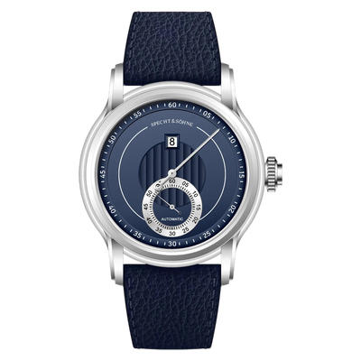 Watch with blue strap and navy dial on a white background