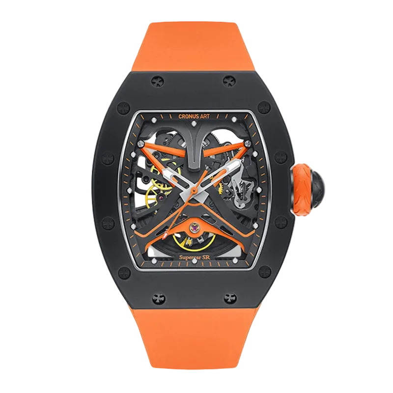 Watch with orange strap and black case on a white background