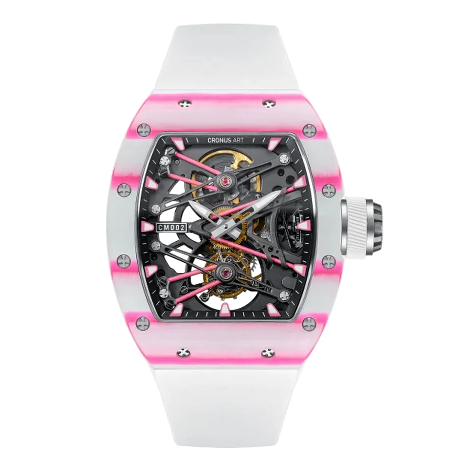 Watch with pink and white design on a white background