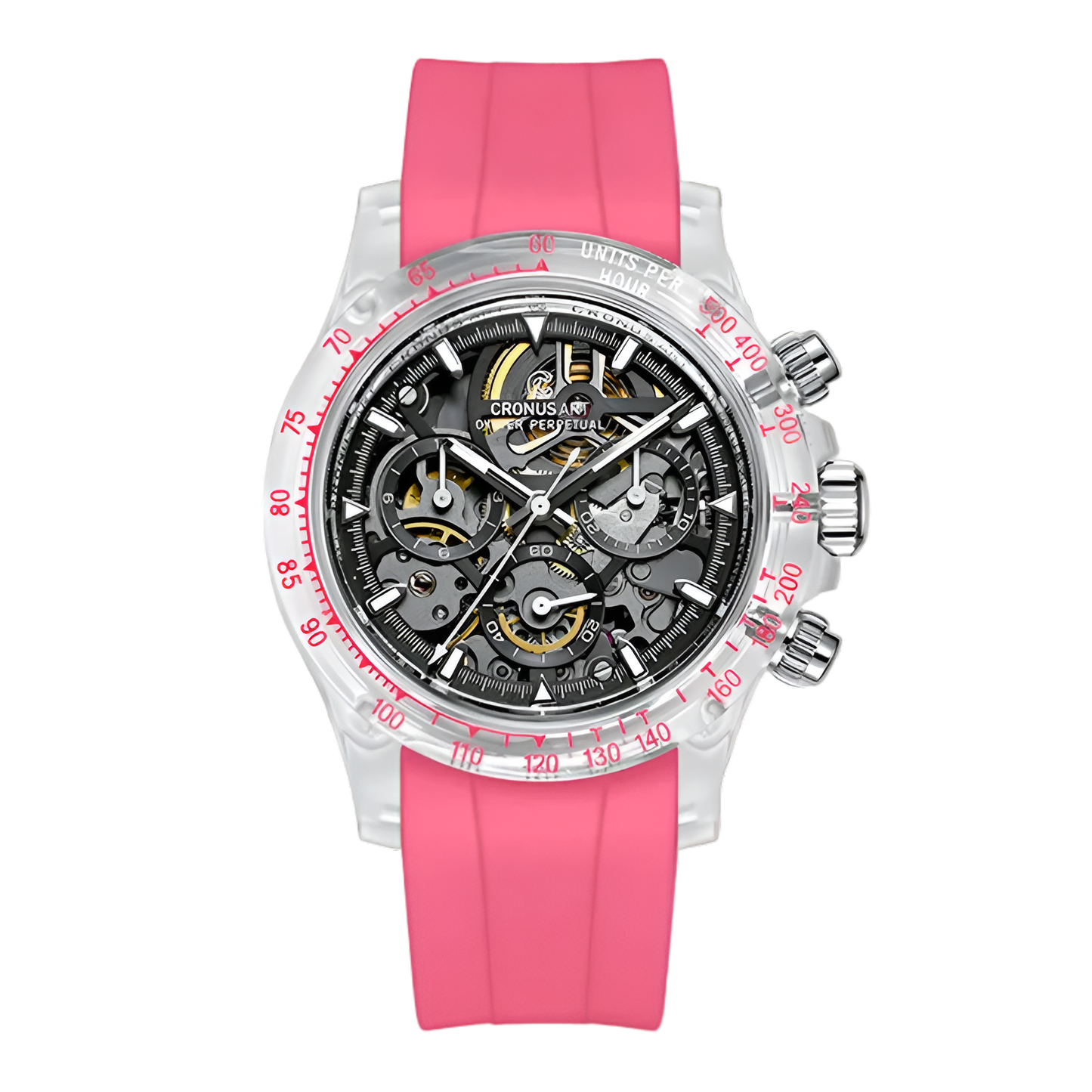 CRONUSART CM021-001 - Men's Automatic Mechanical Watch with pink strap and transparent case on white background