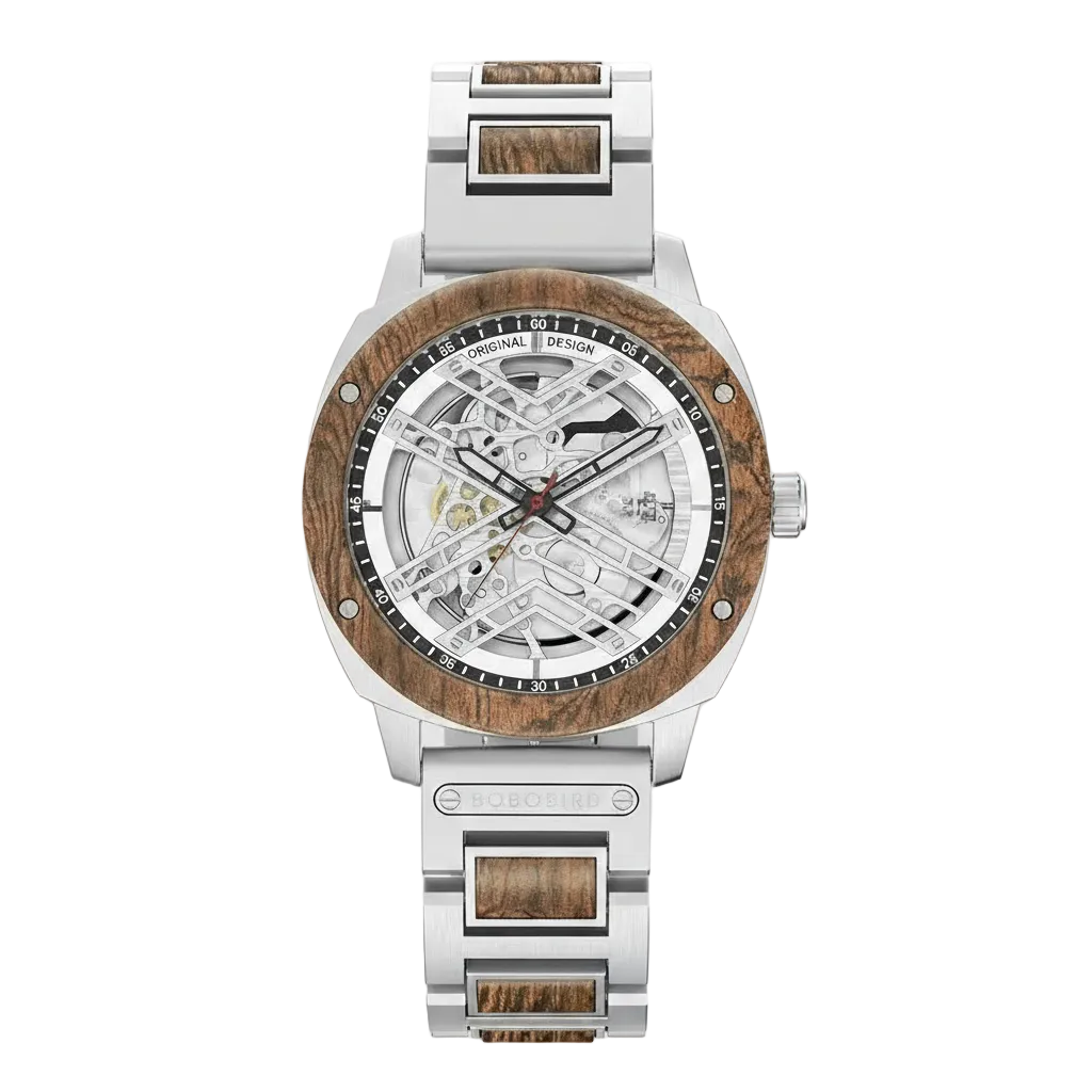 BOBO BIRD GT104/T106 - Au - silver, wood bezel, skeleton