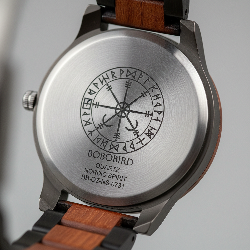 Watch with wooden strap and engraved design on a gray background