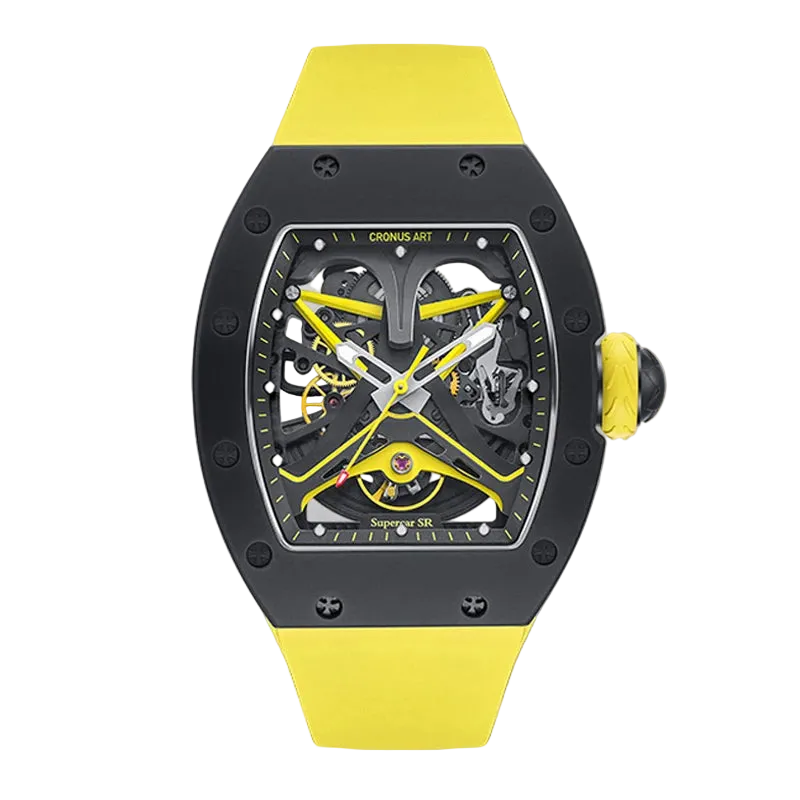 Watch with yellow strap and black case on a white background