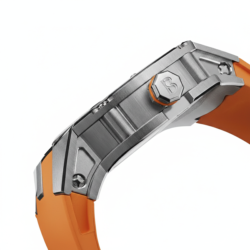Bonest Gatti BG5803 automatic mechanical watch side view showing brushed steel case and signed crown with orange rubber strap