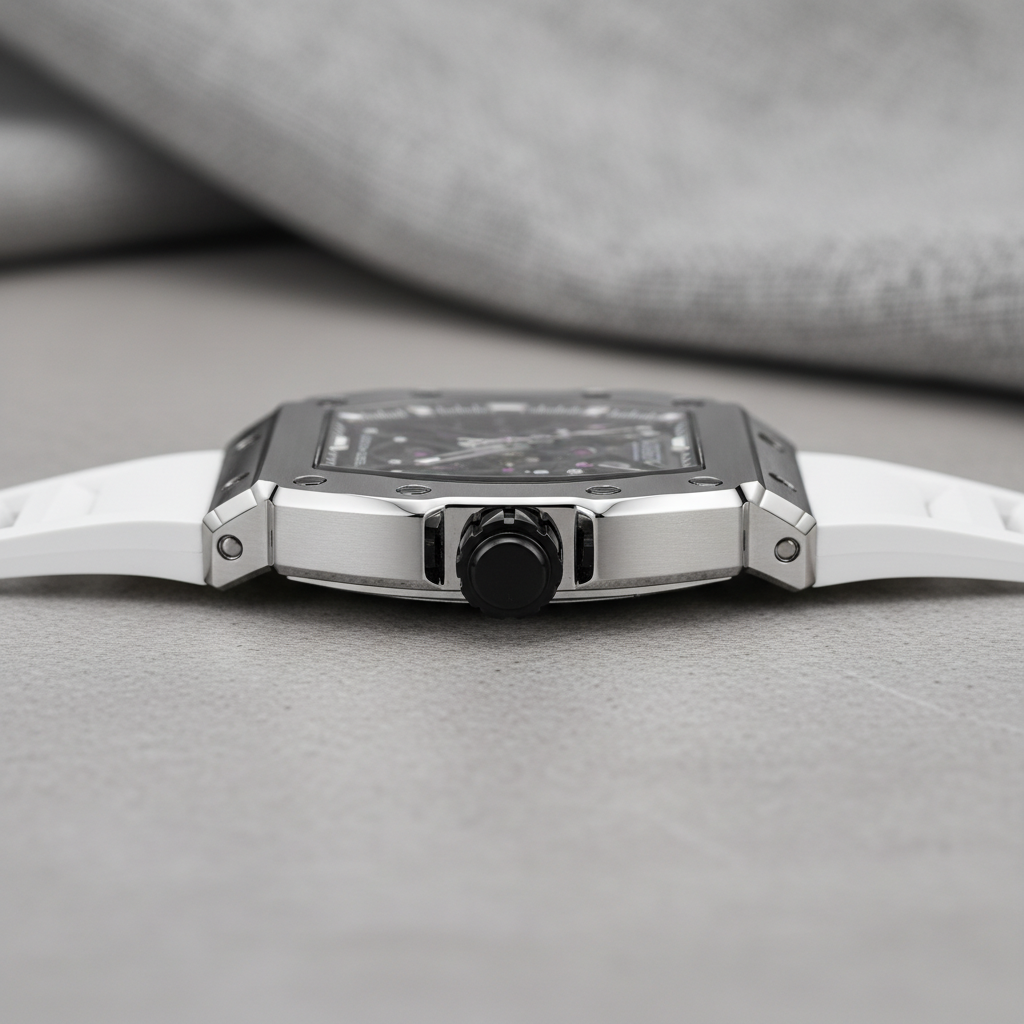 Side profile of BONEST GATTI BG8010 skeleton automatic watch highlighting brushed steel case and crown detail