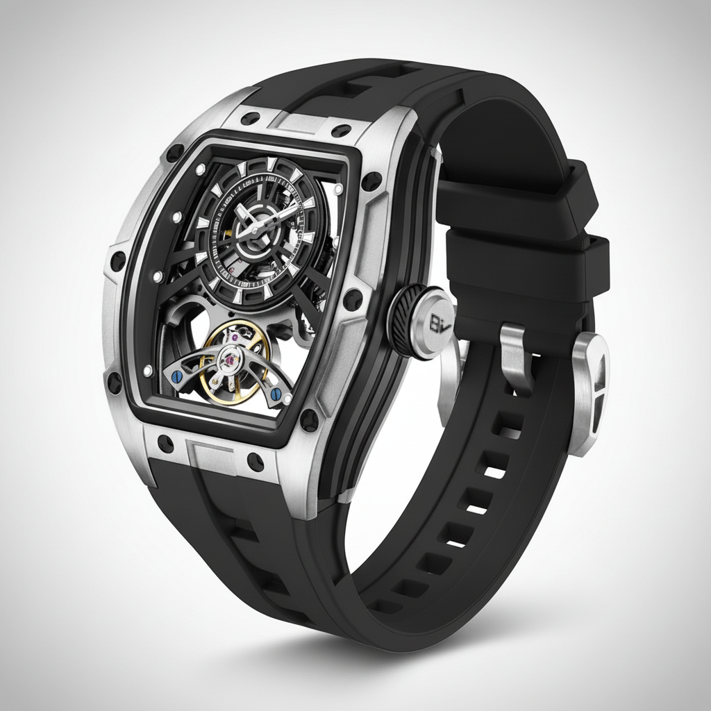 BREITVACHER 91986 - Autom - angled view, rubber strap, exposed movement, watch side