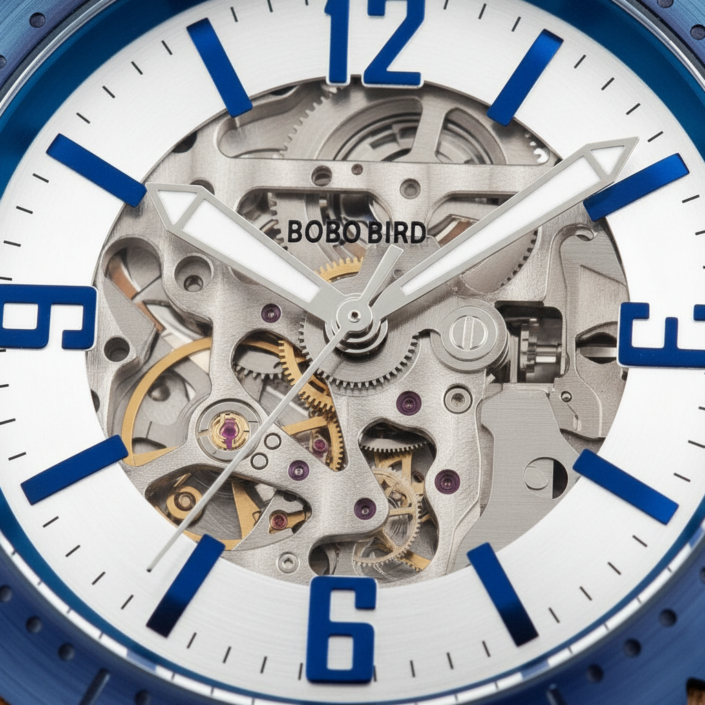 BOBO BIRD GQ029-3 - Men's - blue dial skeleton detail