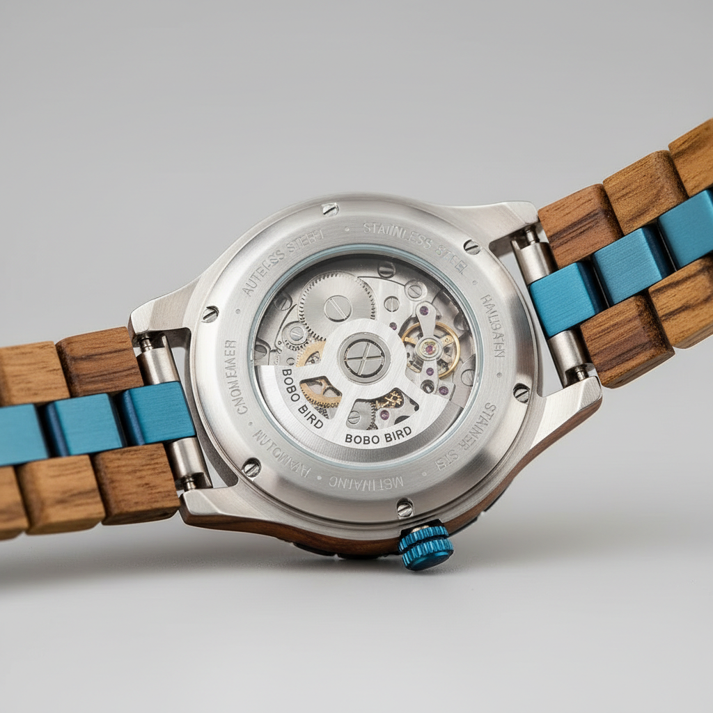 BOBO BIRD GQ029-3 - Men's - blue wood caseback movement