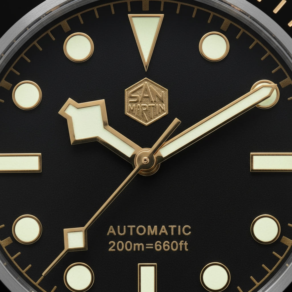 San Martin SN0008 - Autom - dial close-up, gold details