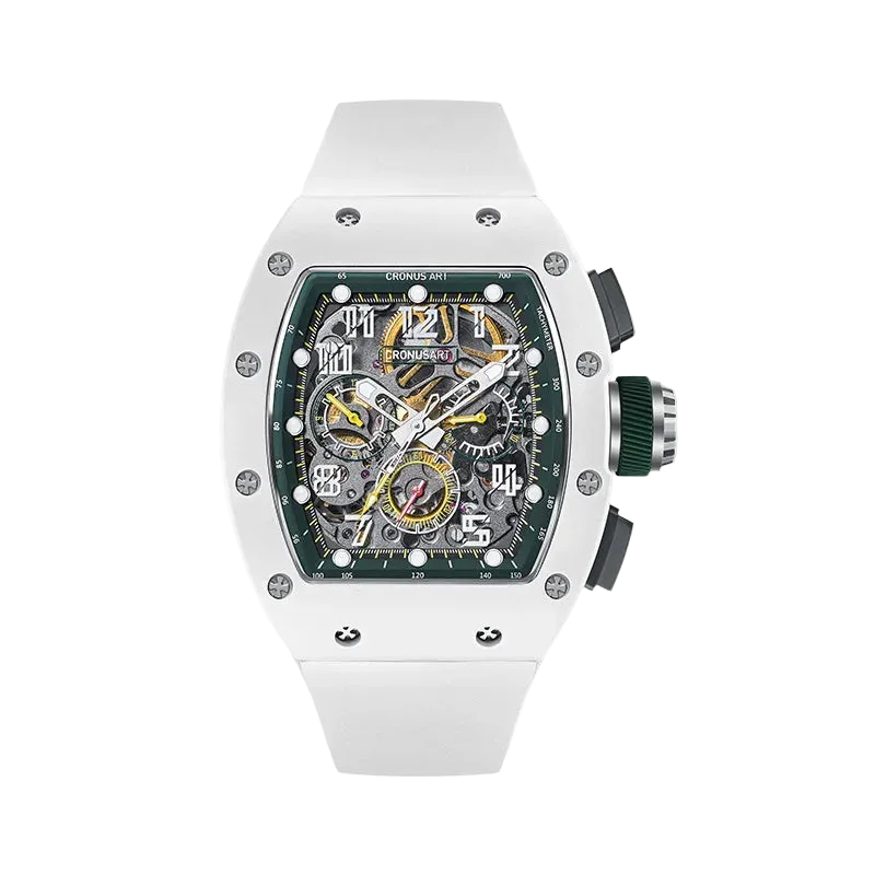 White watch with a detailed face on a white background
