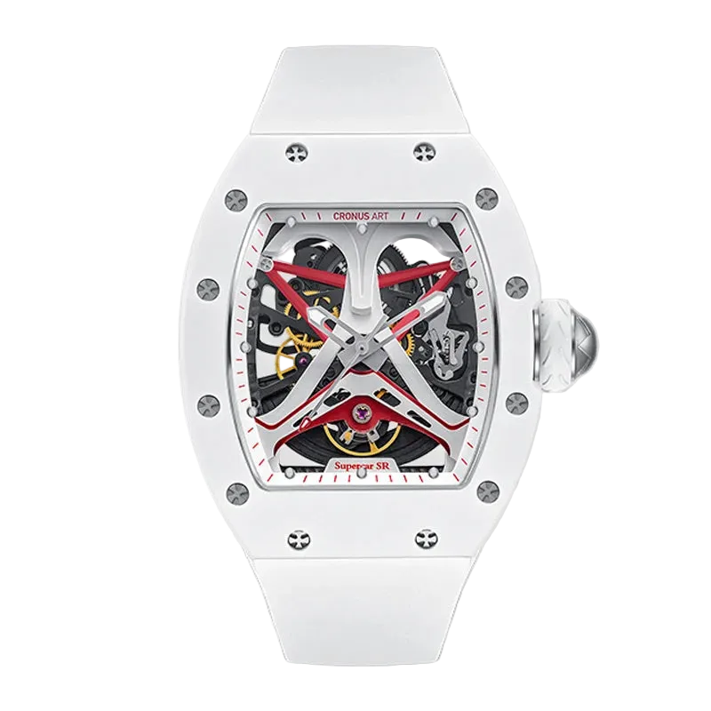 White wristwatch with a transparent face on a white background