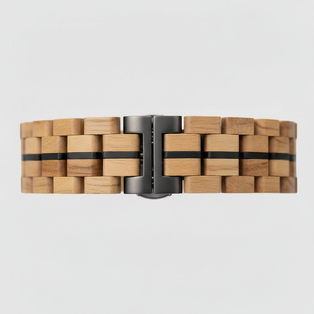 Wooden bracelet with a metal clasp on a light gray background