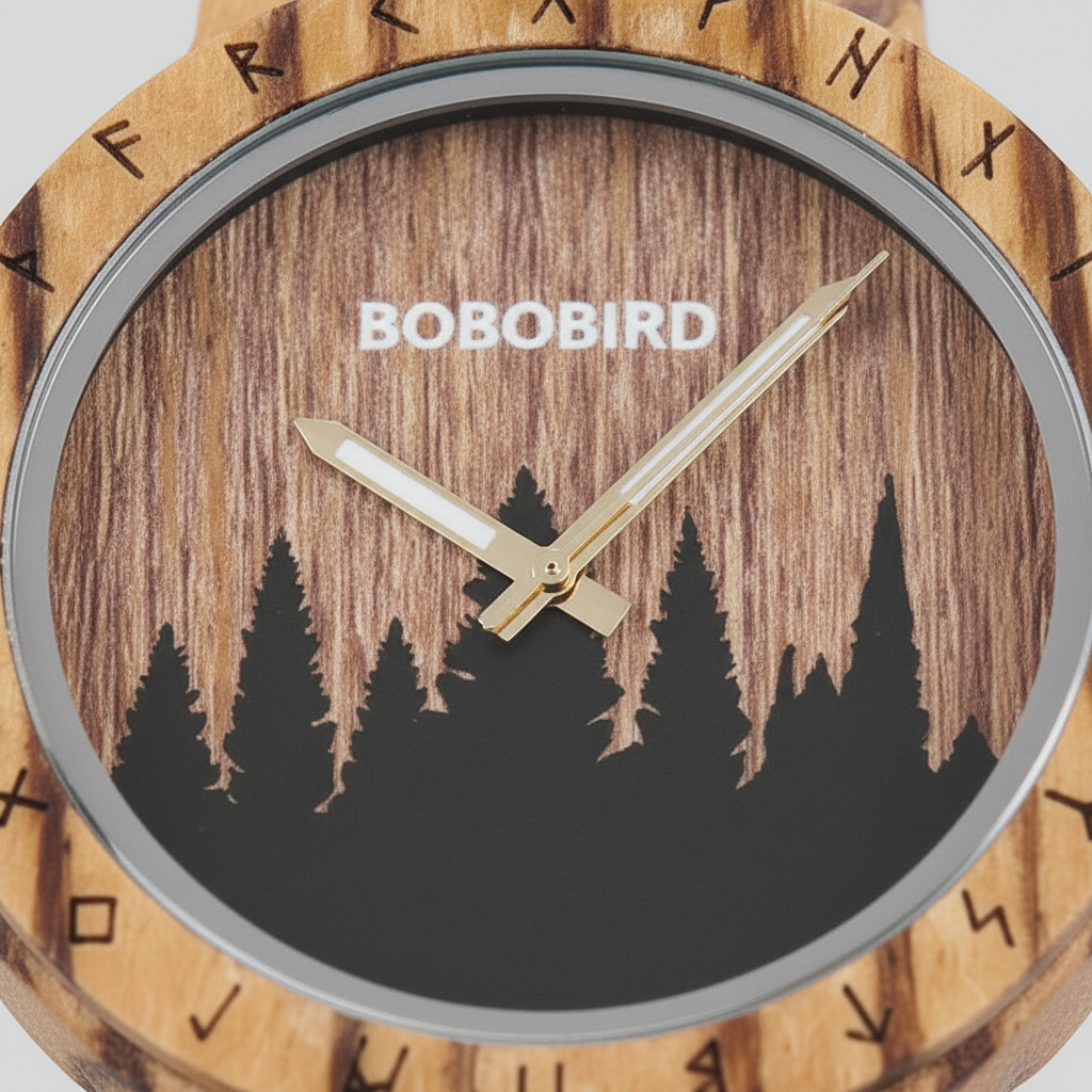 Wooden clock with 'BOBOBIRD' branding and forest design on the face.