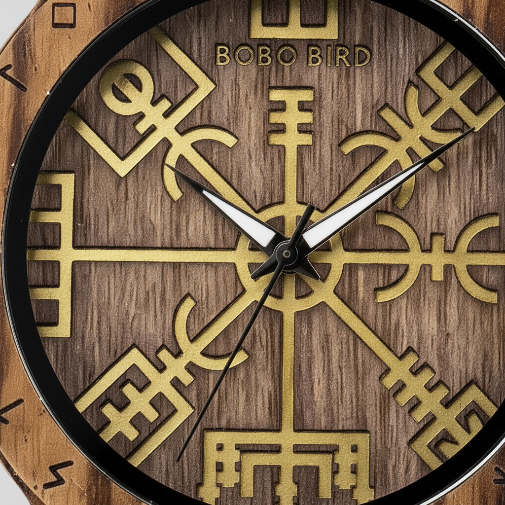 Wooden clock with gold symbols and 'BOBO BIRD' branding