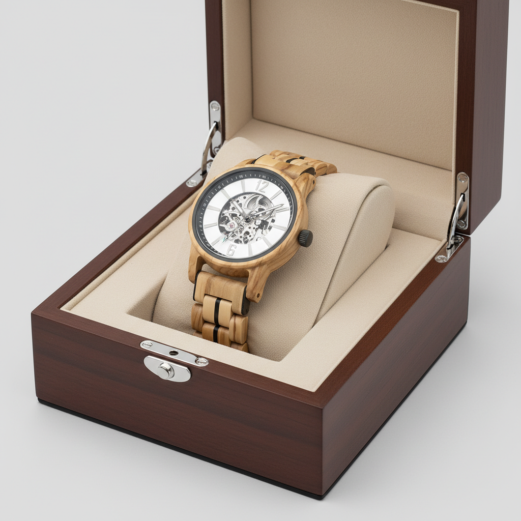 Wooden watcah in a wooden box on a light gray background