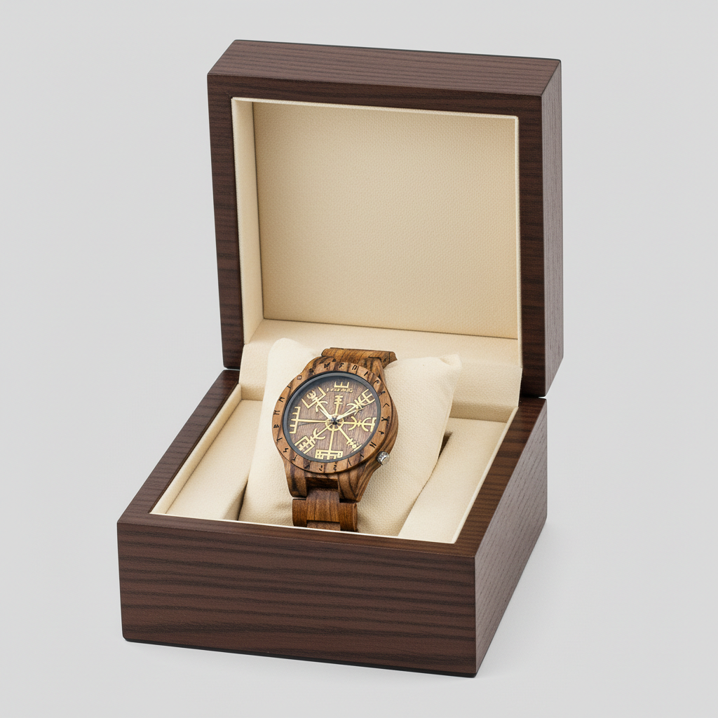 Wooden watch in an open wooden box on a light gray background