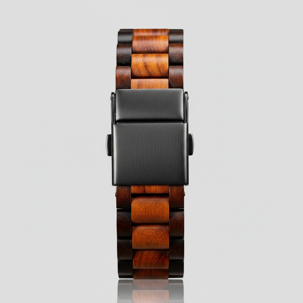 Wooden watch strap with black clasp on a light gray background