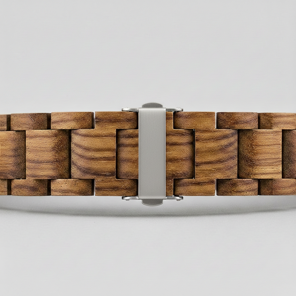 Wooden watch strap with metal buckle on a light gray background