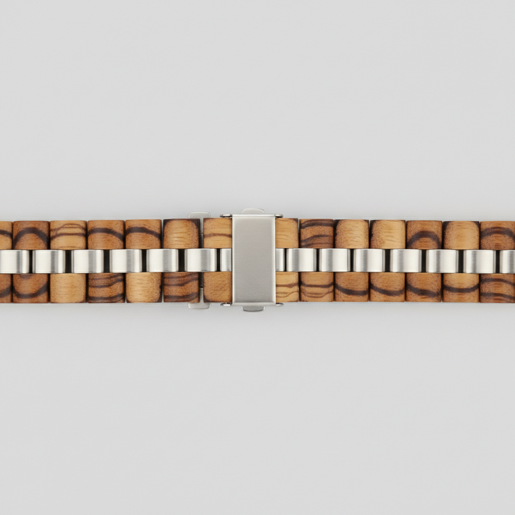 Wooden watch strap with silver buckle on a light gray background