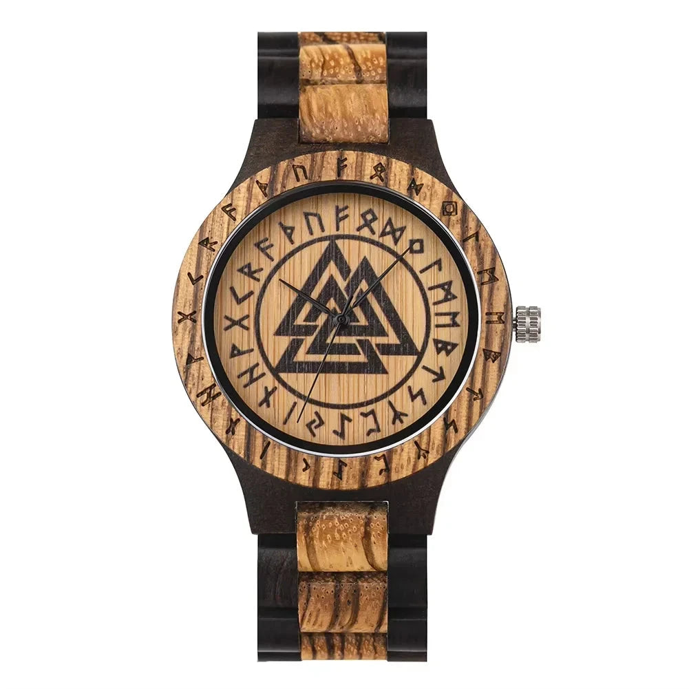 Wooden watch withRunes and triangle design on a white background