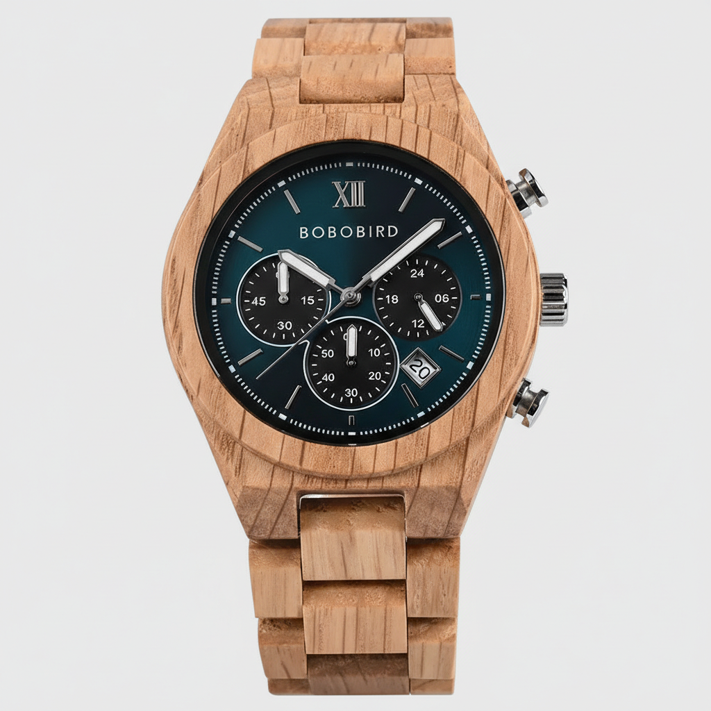 Wooden watch with a black dial on a light gray background
