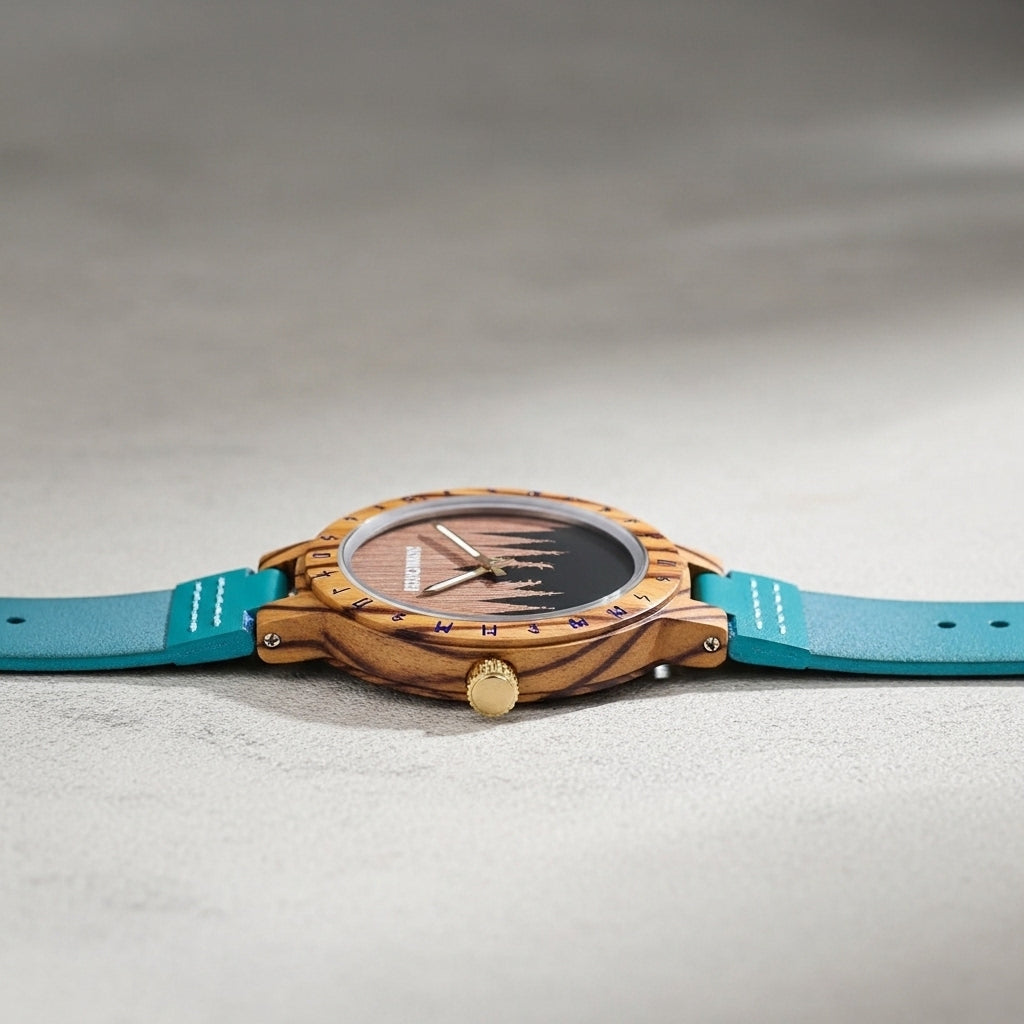 Wooden watch with a blue strap on a gray background