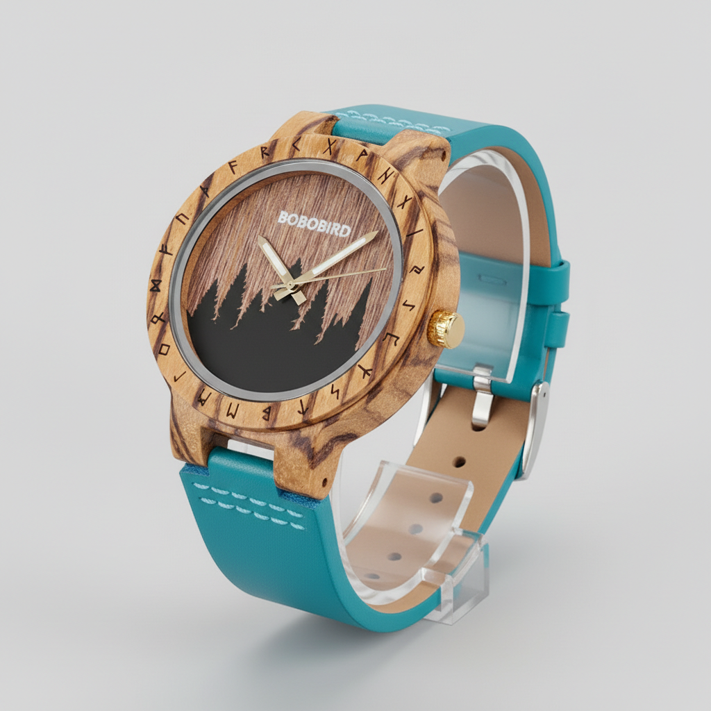 Wooden watch with a blue strap on a gray background