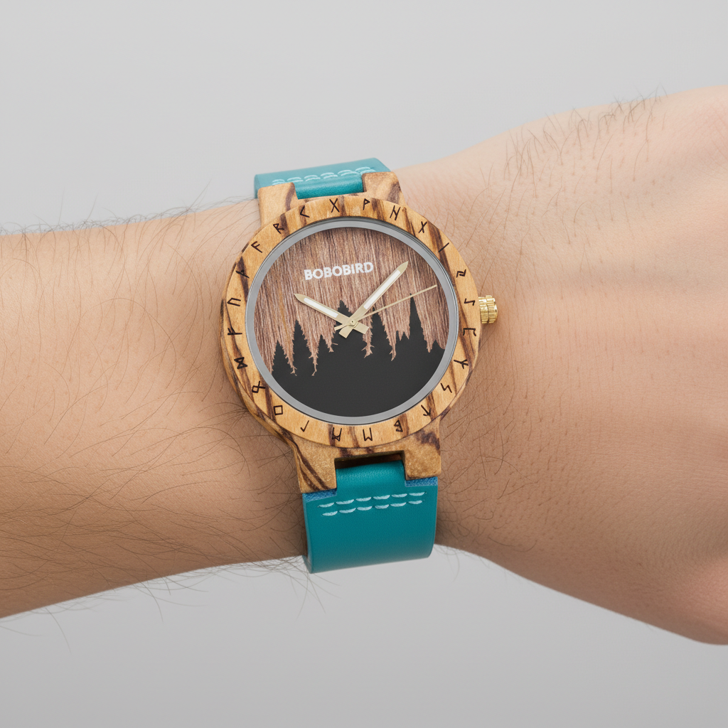 Wooden watch with a blue strap on a wrist against a neutral background