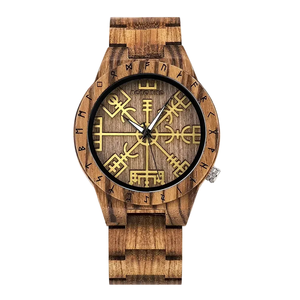 Wooden watch with a decorative face on a white background