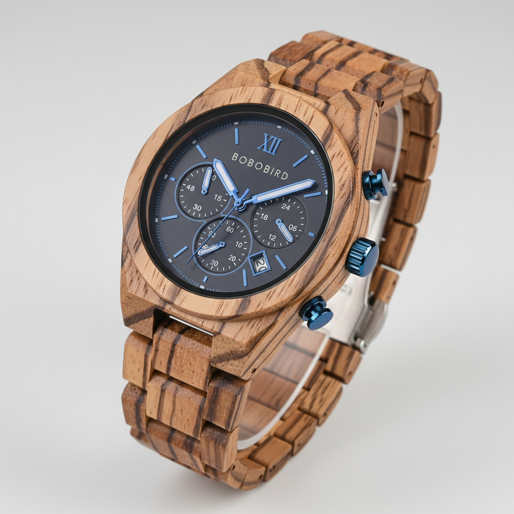 Wooden watch with a detailed face on a light gray background