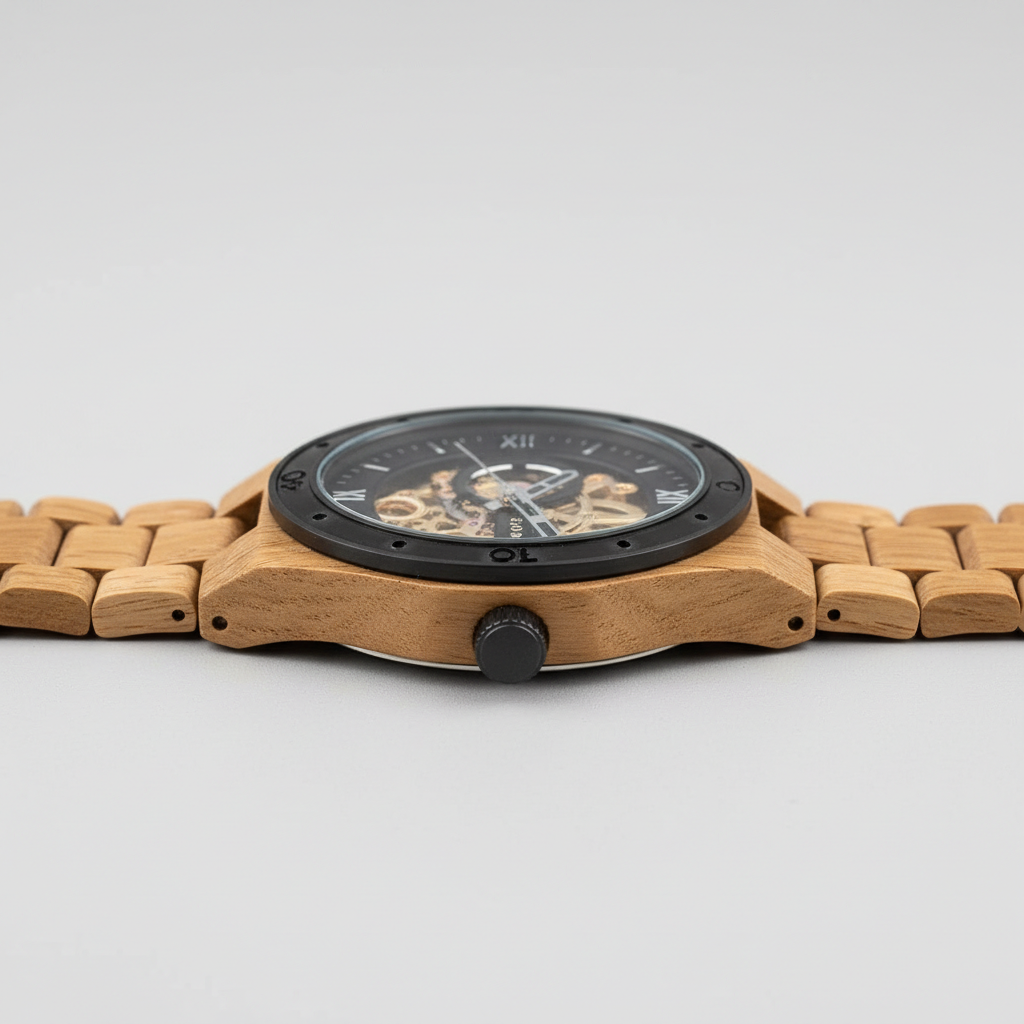 Wooden watch with a detailed face on a light gray background