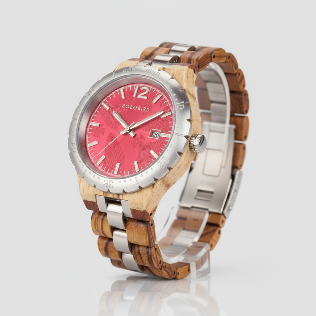 Wooden watch with a red face and silver accents on a white background