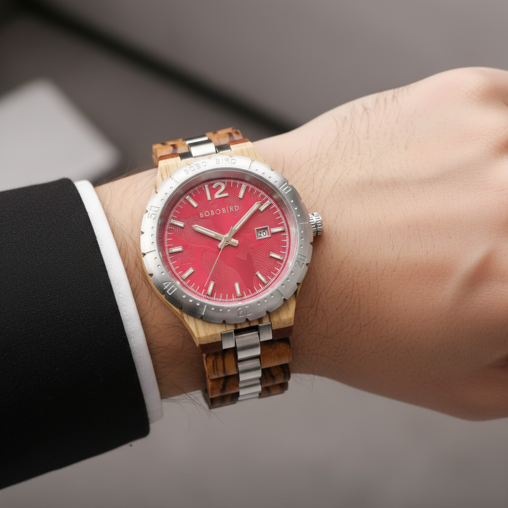 Wooden watch with a red face on a wrist, blurred background