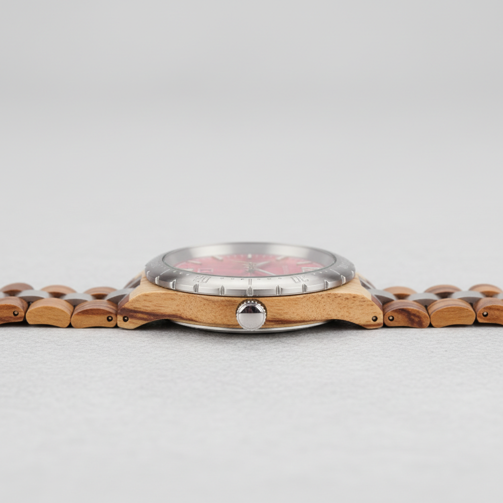 Wooden watch with a silver case on a light gray background