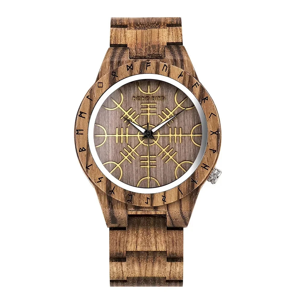 Wooden watch with a unique design on the face against a white background