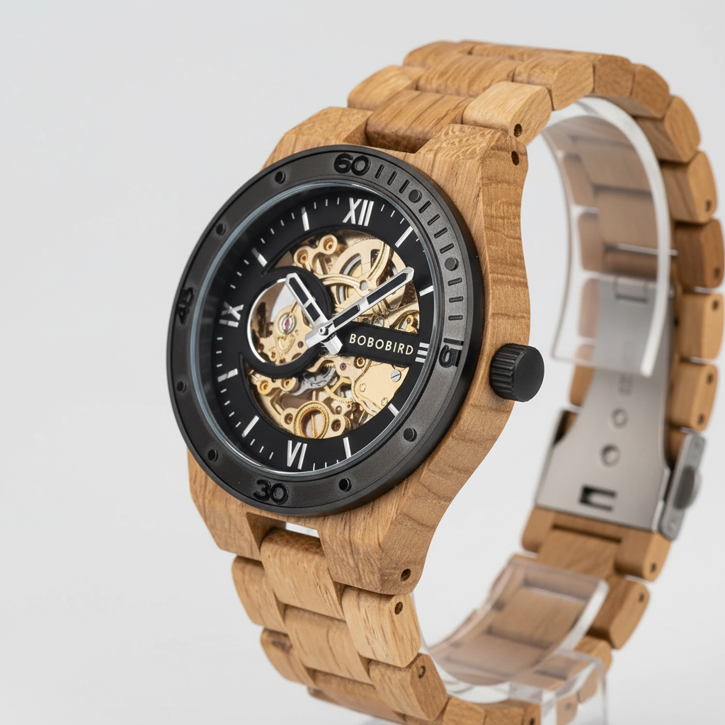 Wooden watch with black dial and visible brand name on a white background