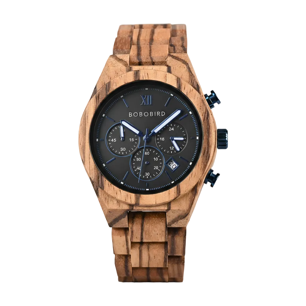 Wooden watch with black dial on a gray background