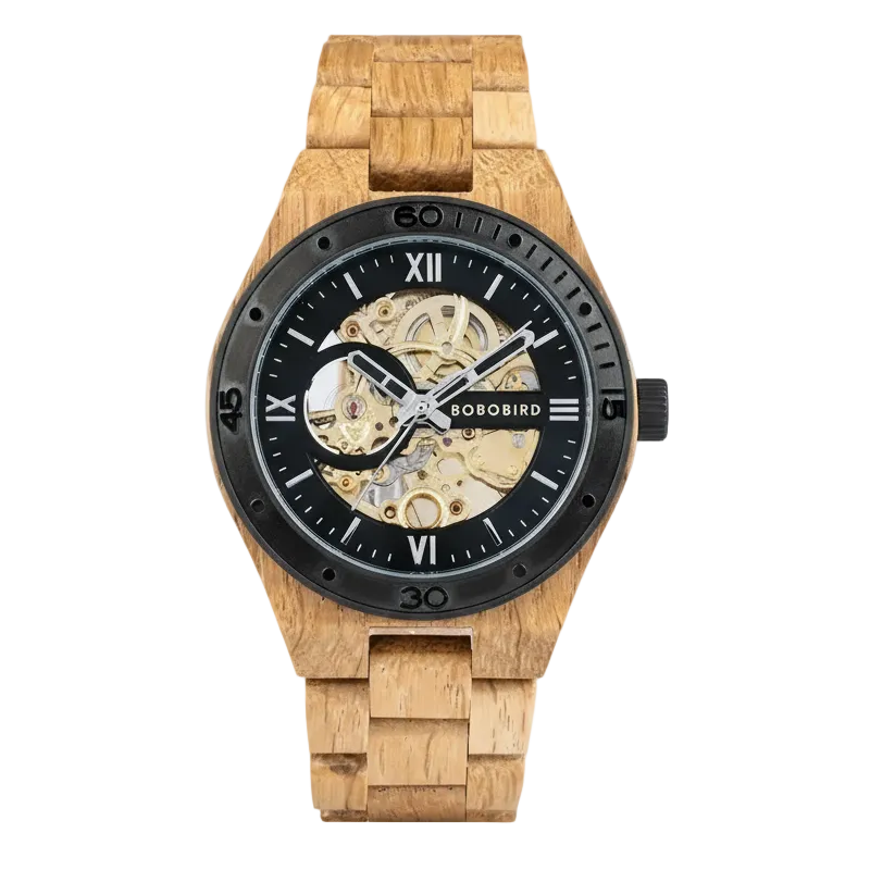 Wooden watch with black dial on a light gray background