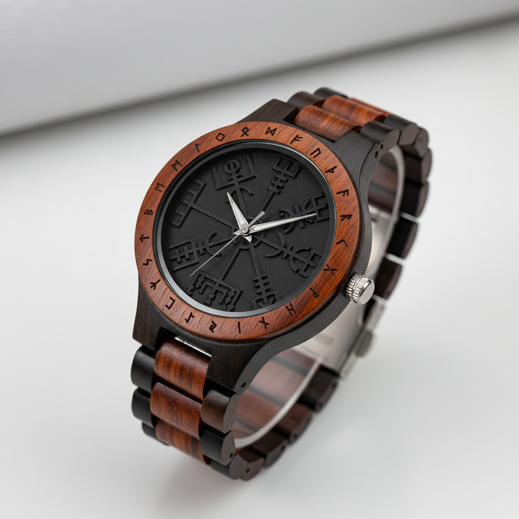 Wooden watch with black face and detailed design on a white background