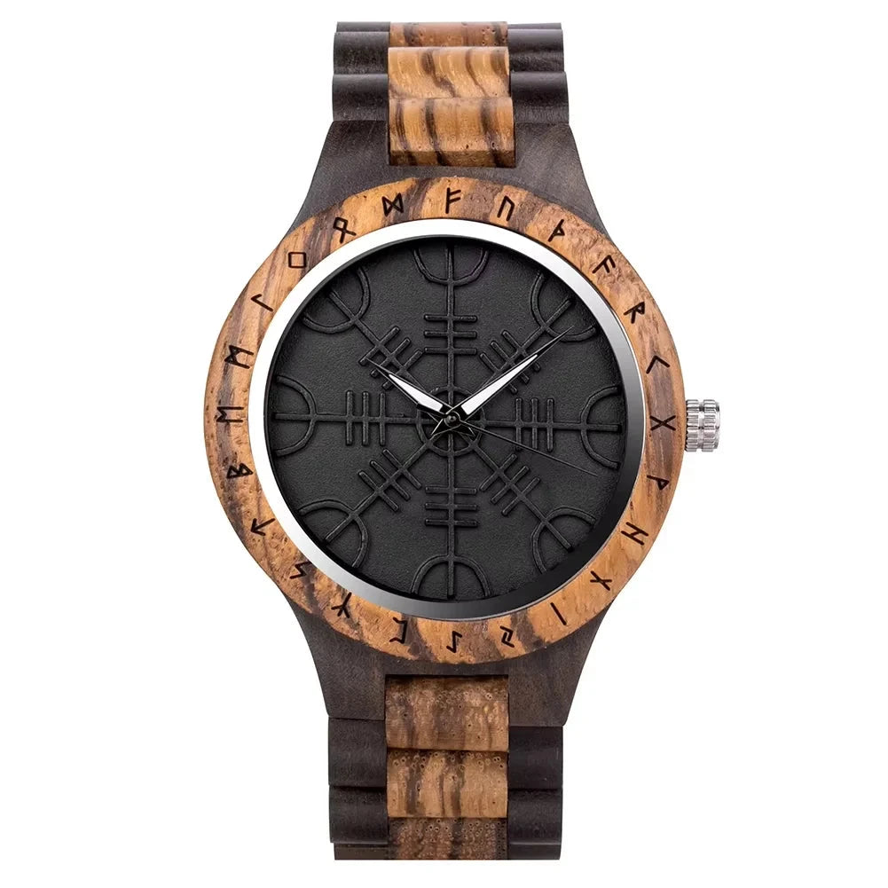 Wooden watch with black face and rune design on a white background
